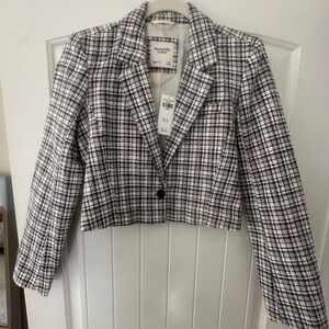 Abercrombie & Fitch Navy Plaid Cropped Tweed Blazer NWT